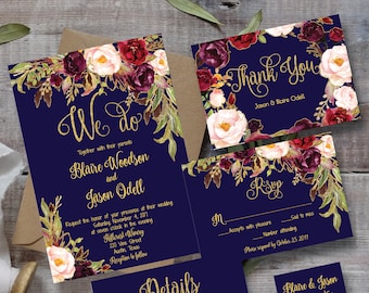 Rustic Floral Wedding Invitation Template: Navy, Gold, Burgundy (Printable)