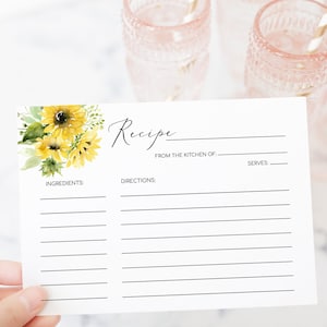 Tarjeta de receta imprimible, plantilla de tarjeta de receta de girasol amarillo, plantilla de tarjeta de receta editable DIY Descarga instantánea, juego de despedida de soltera