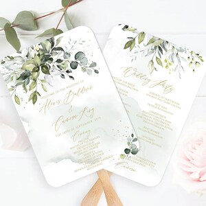 May include: Wedding ceremony program fan with a green and white floral design. The fan includes the names "Alice Baldwin" and "Cameron King" and the date "the 18th of September, 2019". The back of the fan lists the wedding party.