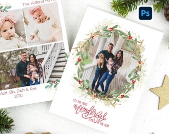 May include: A Christmas card featuring a family portrait with a wreath and the text "It's the most wonderful time of the year". The card has a collage of photos of a family with a baby, a dog, and a couple.