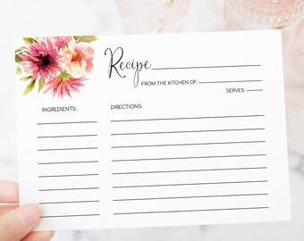 Floral Recipe Card Template: Pink Dahlia Design (DIY Editable, Instant Download)