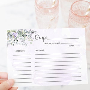 Plantilla de tarjeta de receta suculenta, tarjeta de receta de despedida de soltera de lavanda imprimible, plantilla de tarjeta de receta editable púrpura DIY Descarga instantánea
