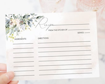 Floral Bridal Shower Recipe Card Template: Dusty Pink & Greenery (DIY Editable, Instant Download)
