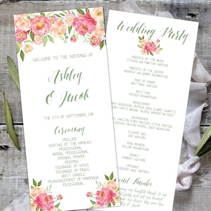 Wedding Program Template 4x9, Greenery Wedding Program Printable, Printable Wedding Program, Blush Program, Summer Program, Coral Program