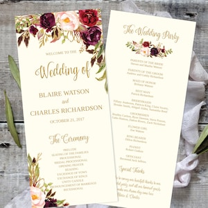 May include: A wedding program with a floral design in shades of burgundy, pink, and green. The program lists the wedding ceremony order and the wedding party members. The wedding is for Blaire Watson and Charles Richardson on October 21, 2017.