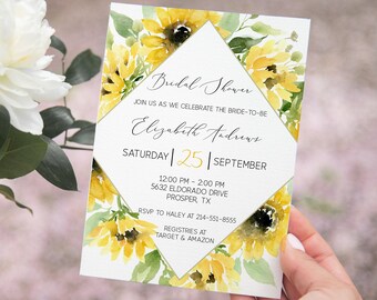 Sunflowers Bridal Shower Invitation Template, Yellow Sunflower and Greenery, Watercolor Wedding, FREE Recipe Card Template, Printable Shower