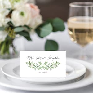 Modelo de cartões de lugar, cartão de lugar para impressão, modelo de casamento de cartão de lugar de vegetação, cartões de lugar planos e em forma de tenda, dois estilos, etiqueta de alimentos