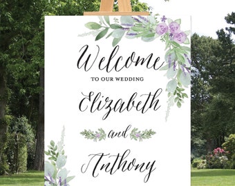 Welcome Wedding Sign Template, Greenery Wedding Sign Editable, Lavender Welcome Sign, Botanical Wedding Sign, Floral Wedding Sign, 3 Sizes