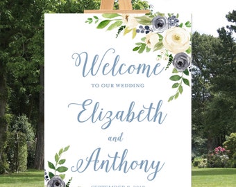 Welcome Wedding Sign Template, Dusty Blue and Cream Wedding Sign Editable, 16x20, 18x24 24x36 - Botanical Wedding Sign, Floral Wedding Sign