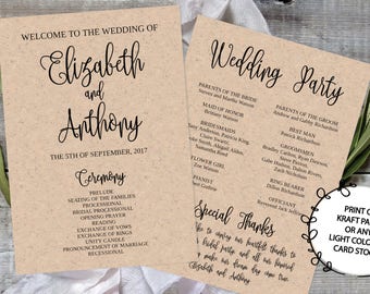 Plantilla de programa de boda con caligrafía: papel kraft rústico (imprimible, 5x7)