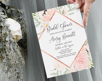 Rose Gold Geometric Bridal Shower Invitation: Blush Pink Floral