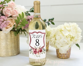 Table Numbers Wine Labels Wedding, Wine Label Table Numbers Printable, Table Number Wine Label Template, Marsala, Greenery, Burgundy, Crest