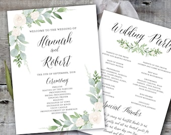 Wedding Program Template, Greenery Wedding Program Printable, Wedding Program Printable, Botanical Wedding Program, Rustic Wedding Program