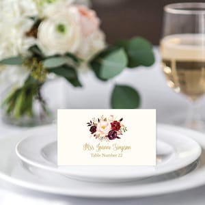 Place cards Template Printable / Editable Fall Floral Watercolor Wedding Gold / Cream / Burgundy / Marsala / Wine Rustic Name Cards image 1