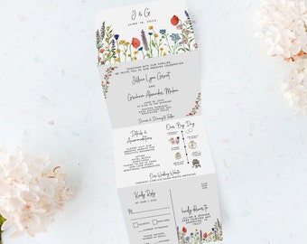 Wildflower Wedding Invitation Template: Tri-Fold Concertina (Instant Download)