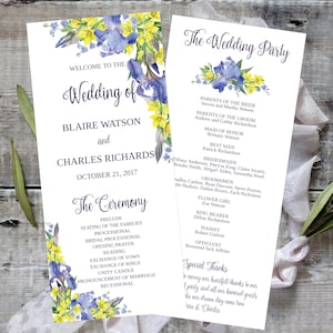 May include: A wedding ceremony program with blue and yellow floral designs. The program lists the wedding party, the ceremony order, and a special thanks section.