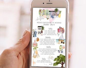 May include: A colorful phone screen displaying a bachelorette weekend itinerary for Charleston, South Carolina. The itinerary includes activities for Friday, Saturday, and Sunday, with times and locations listed. The background features watercolor illustrations of Charleston landmarks and beach scenes.