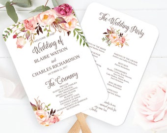 Wedding Program Fan Template  Printable / Editable - Fall Floral Watercolor - Blush Pink / Burgundy / Marsala / Wine Rustic Wedding