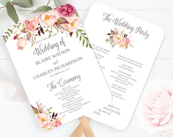 Fall Floral Wedding Program Fan Template: Blush, Burgundy (Printable/Editable)