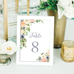 Wedding Table Number Template, Table Number printable, Reserved Signs Template, Dusty Blue Peach Floral Table Numbers, Rustic Table Numbers
