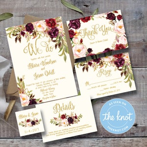 Modelo de convite de casamento Marsala para impressão / editável / Marsala - Aquarela Floral - Dourado / Borgonha / Marsala / Vinho / Blush /Rústico