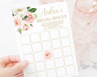 Printable Blush Pink Floral Bridal Shower Bingo Card Template, Personalized Wedding Shower Bingo Game, Wedding Shower Game, Instant Download