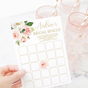 Plantilla de tarjeta de bingo de ducha nupcial floral rosa rubor imprimible, juego de bingo de ducha de boda personalizado, juego de ducha de boda, descarga instantánea