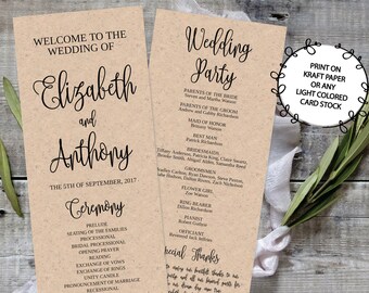 Plantilla de programa de boda con caligrafía: Kraft rústico (4x9) (imprimible)