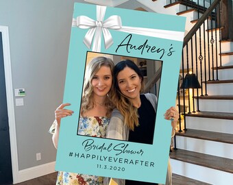 White Bow with Aqua Blue Bridal Shower Photo Prop Frame Printable Template, Bride & Co. Blue Photo Prop, Audrey Hepburn Breakfast Inspired