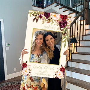 Photo Prop Frame Printable, Rustic Cream, Burgundy, Gold Floral Bridal Shower, Baby Shower, Wedding Photo Backdrop Template, DIY Download