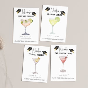 Modelli di cartelli per cocktail per feste di laurea, biglietti per ricette di bevande firmate modificabili, cartelli per cocktail per feste di laurea, decorazioni per cocktail party di laurea