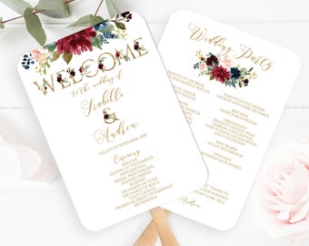 Burgundy Floral Wedding Program Fan Template (Instant Download)