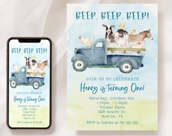 Farm Animal Birthday Invitation, INSTANT DOWNLOAD, Printable Blue Truck Birthday Party Invitation, Beep Beep Beep Birthday, Farm Birthday