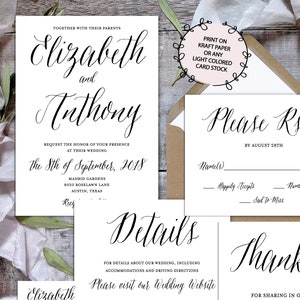 Plantilla de invitación de boda, invitación de boda imprimible, conjunto de boda de caligrafía, impresión en papel Kraft o cartulina ligera, boda rústica