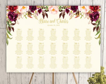 Seating Chart Template Marsala and Cream Printable / Editable / 24x36 - Floral - Marsala / Gold / Blush / Burgundy / Cream / Wine Rustic