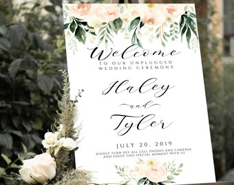 Welcome Wedding Sign Template, Printable Blush Pink, Ivory & Greenery Wedding Sign Editable, Floral Welcome, Unplugged Wedding Sign, MP2
