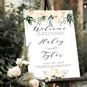 Welcome Wedding Sign Template, Printable Blush Pink, Ivory & Greenery Wedding Sign Editable, Floral Welcome, Unplugged Wedding Sign, MP2