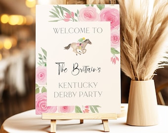 Kentucky Derby Party Welcome Sign Template, Derby Welcome Sign Template, Pink Roses Welcome Sign, Editable Welcome Sign, Derby Day Party