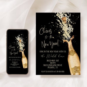 New Year&#39;s Eve Party Invitation Template, New Year Party Invitation + Digital Invitation, Printable Gold New Year&#39;s Invite, Instant Download