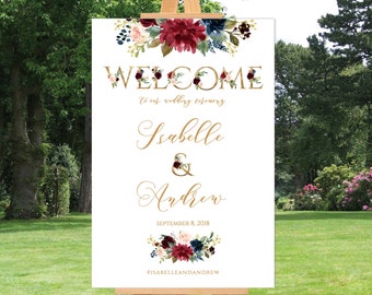 Floral Wedding Welcome Sign Template: Burgundy, Navy, Gold (Instant Download)
