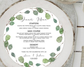 PRINTED Eucalyptus Round Dinner Menu, 8" Round Wildflower Menu, Printed Round Menu, Greenery Vineyard, Winery Round Dinner Menu