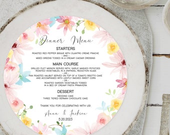 PRINTED Colorful Daisy Round Dinner Menu, 8" Round Wildflower Menu, Printed Round Menu, Pink, Yellow and Green Daisies Round Dinner Menu