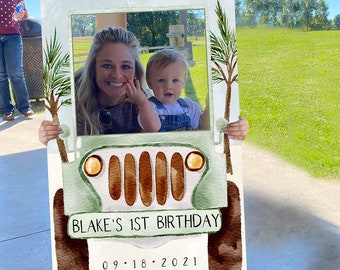 Safari Truck Photo Prop Frame PRINTED, Ready to Use, Child Birthday Party Photo Prop, Jungle Theme Photo Prop Frame, Safari Theme Decor