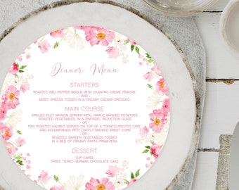 PRINTED Bright Pink Round Dinner Menu, 8" Round Wildflower Menu, Printed Round Menu, Hot Pink, Blush Pink and Green Floral Round Dinner Menu