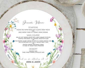 PRINTED Wildflower Round Dinner Menu, 8" Round Wildflower Menu, Printed Round Menu, Pink, Purple and Green Floral Round Dinner Menu