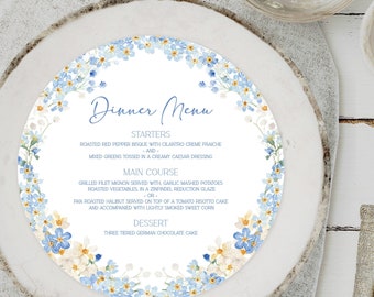 PRINTED Something Blue Round Dinner Menu, 8" Round Wildflower Menu, Printable Round Menu, Blue and White Floral Round Dinner Menu