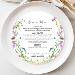 Szablon okrągłego menu obiadowego, 8-calowe okrągłe menu weselne, drukowane okrągłe menu z dzikimi kwiatami, menu obiadowe z stokrotkami, okrągłe menu DIY do pobrania natychmiast