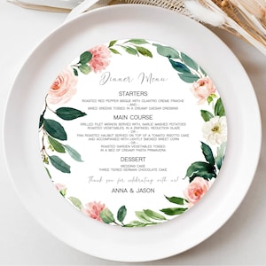 Rundes Abendmenü Vorlage, 20 cm rundes Hochzeitsmenü, druckbares Blush Pink Rundes Menü, Florales Abendmenü, DIY Rundes Menü Sofort Download