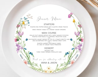 Round Dinner Menu Template, 8" Round Wedding Menu, Printable Wildflower Round Menu, Daisies Dinner Menu, DIY Round Menu Instant Download