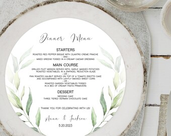 PRINTED Round Dinner Menu, 8" Round Greenery Menu, Printed Eucalyptus Round Menu, Greenery Vineyard, Winery Round Dinner Menu